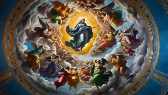 Affresco in cupola con Vergine Maria in manto blu e angeli musicanti su sfondo cielo, gioco di luce e ombre.
