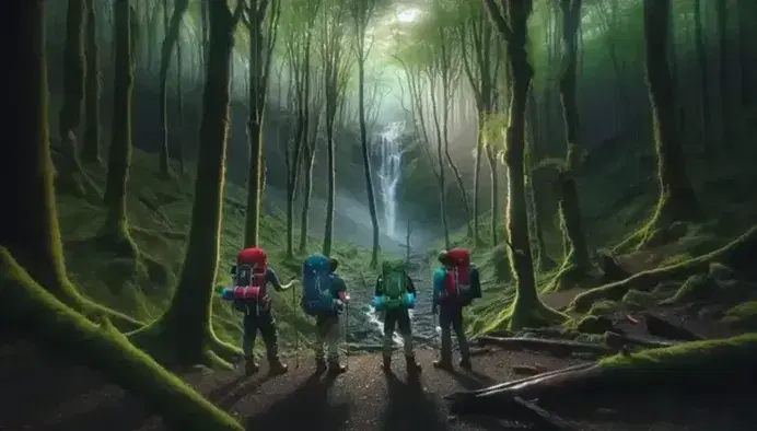 Grupo de tres excursionistas con mochilas de colores en sendero forestal con cascada y estanque, rodeados de árboles y sin señales de urbanización.