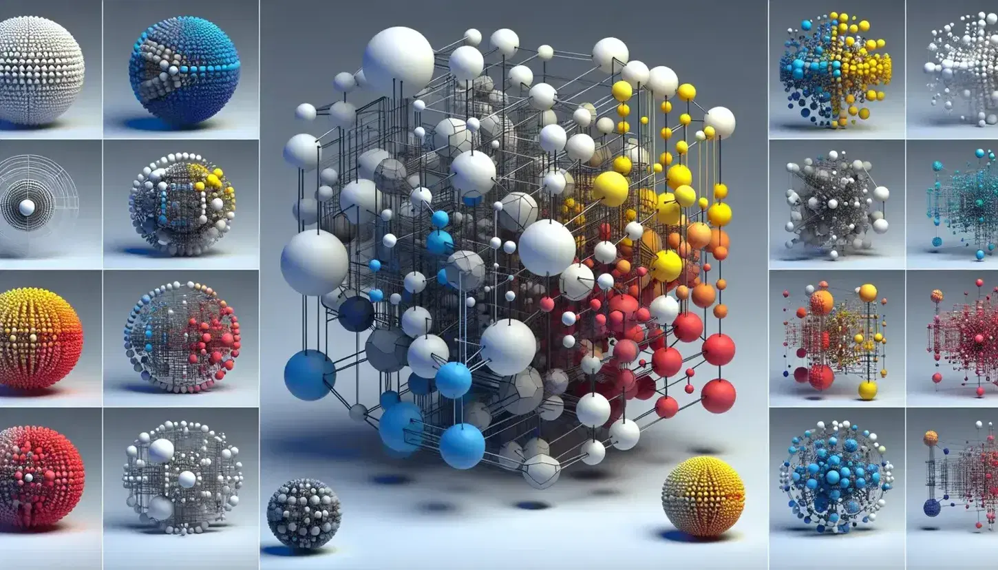 Estructuras tridimensionales complejas formadas por esferas de colores conectadas con varillas en un fondo neutro.