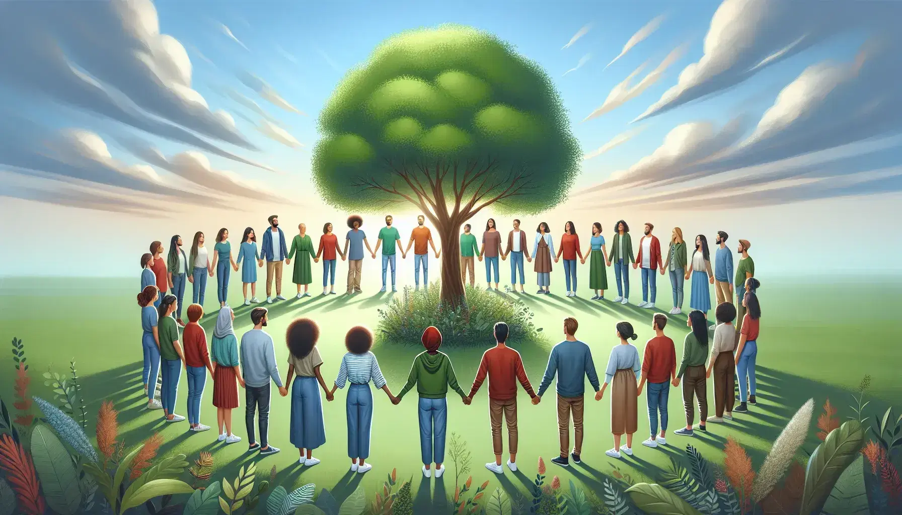 Grupo diverso de personas unidas de la mano alrededor de un árbol frondoso en un día soleado, simbolizando unidad y cuidado por la naturaleza.