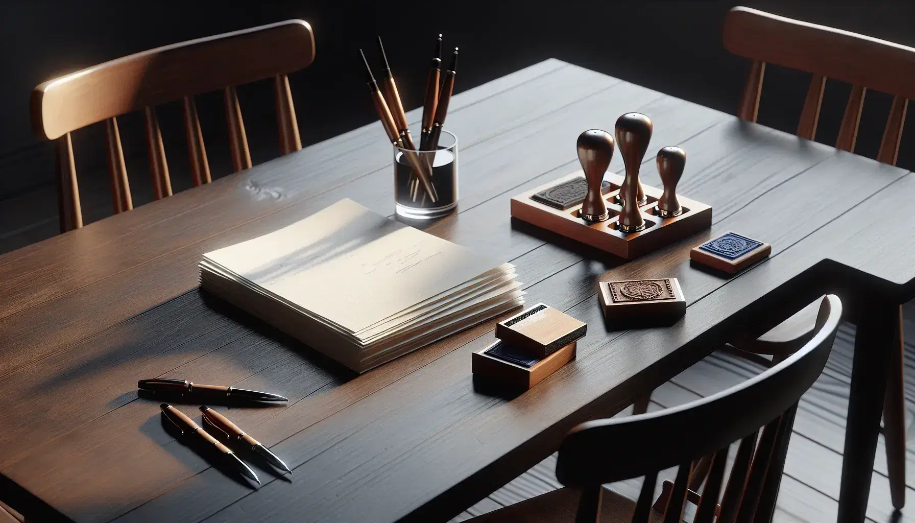 Mesa de madera oscura con dos sillas y tapizado beige, papeles blancos, bolígrafos metálicos y sello sin inscripción junto a tintero de vidrio con tinta azul.