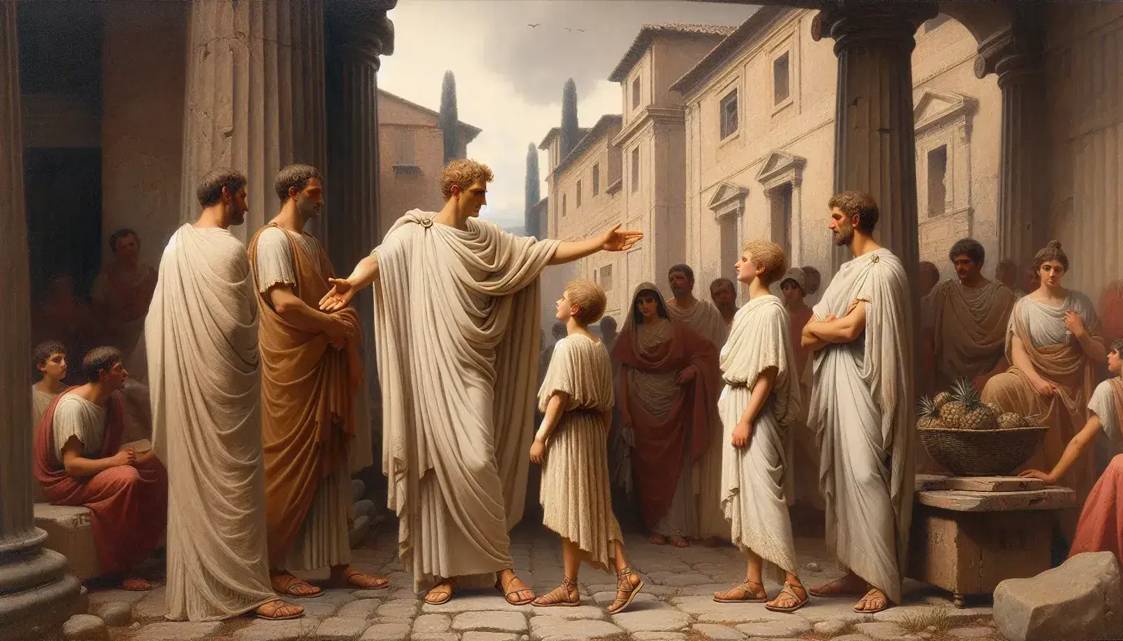 Escena de la vida cotidiana en la Antigua Roma con una familia romana vestida con togas frente a edificios de piedra, bajo un cielo despejado.