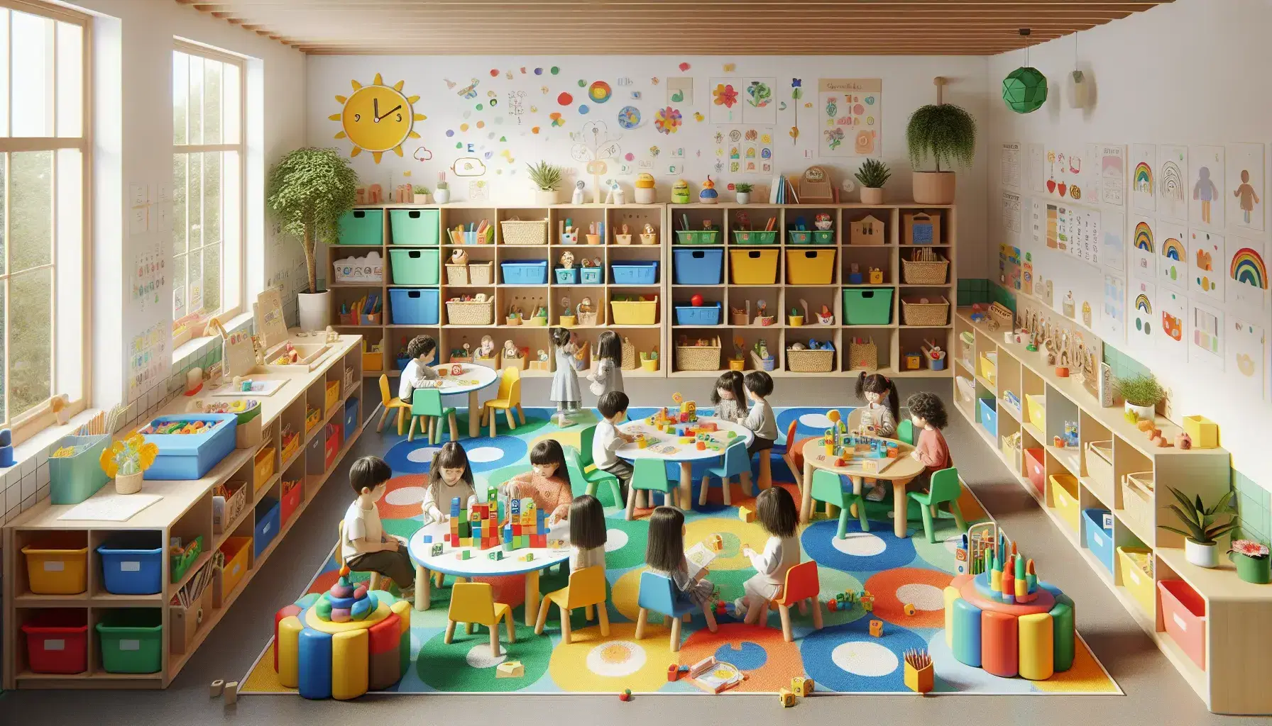 Aula infantil colorida con niños jugando con bloques, leyendo y dibujando, estanterías con materiales educativos y decoración con arte infantil.