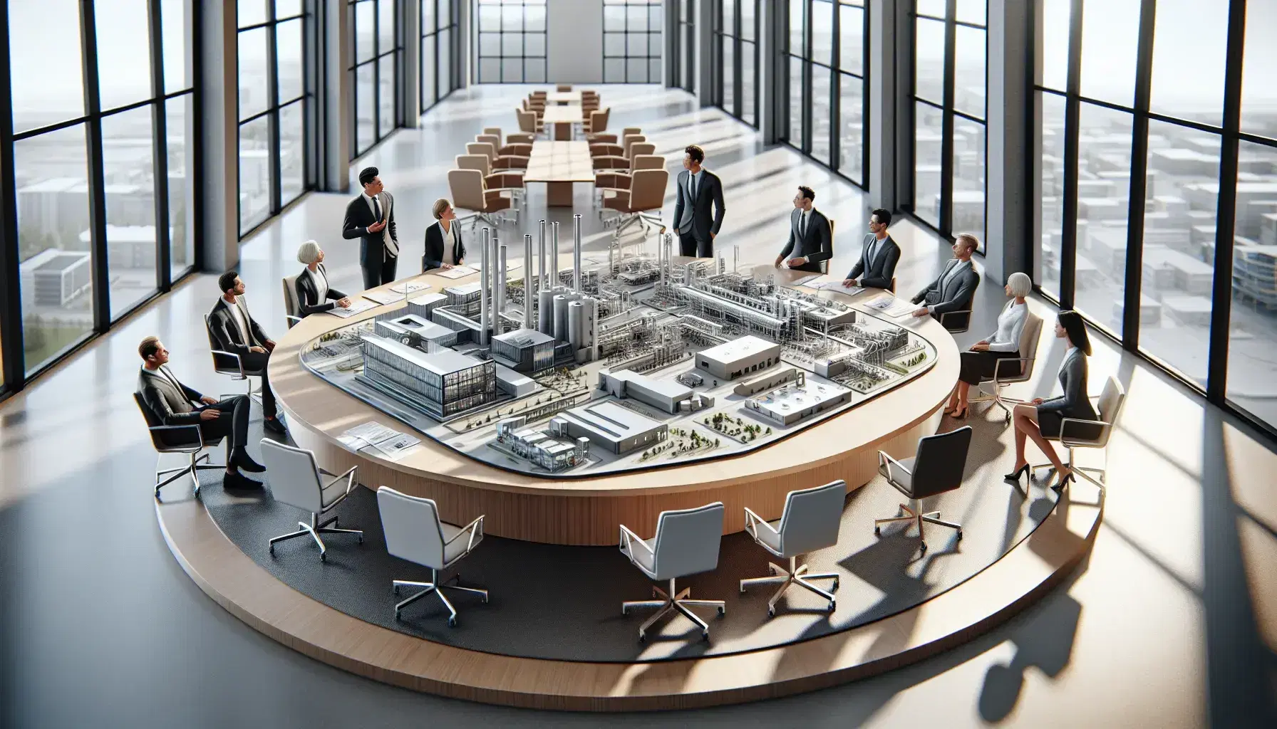 Diverse team of professionals discussing a detailed scale model of a factory in a modern, well-lit conference room with large windows.