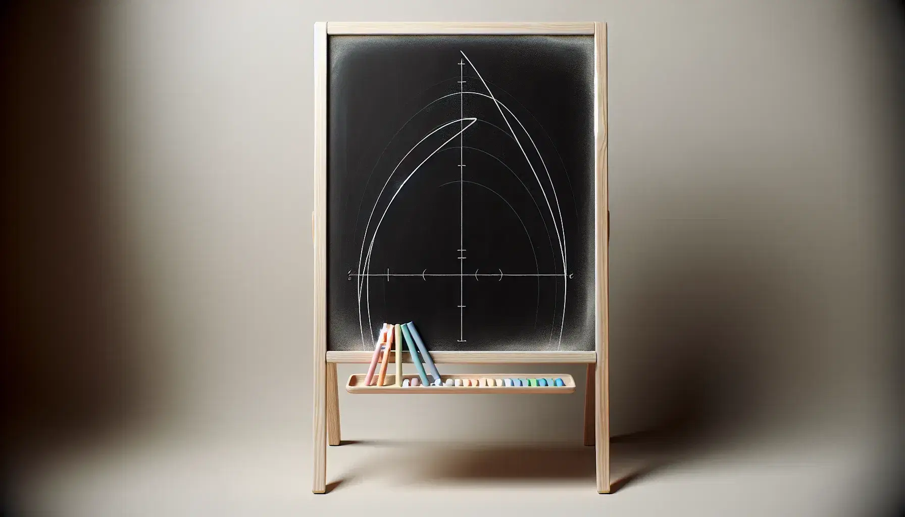 Chalkboard with a white chalk-drawn parabola on an easel, colorful chalk sticks on the ledge, and two light spots highlighting the curve.