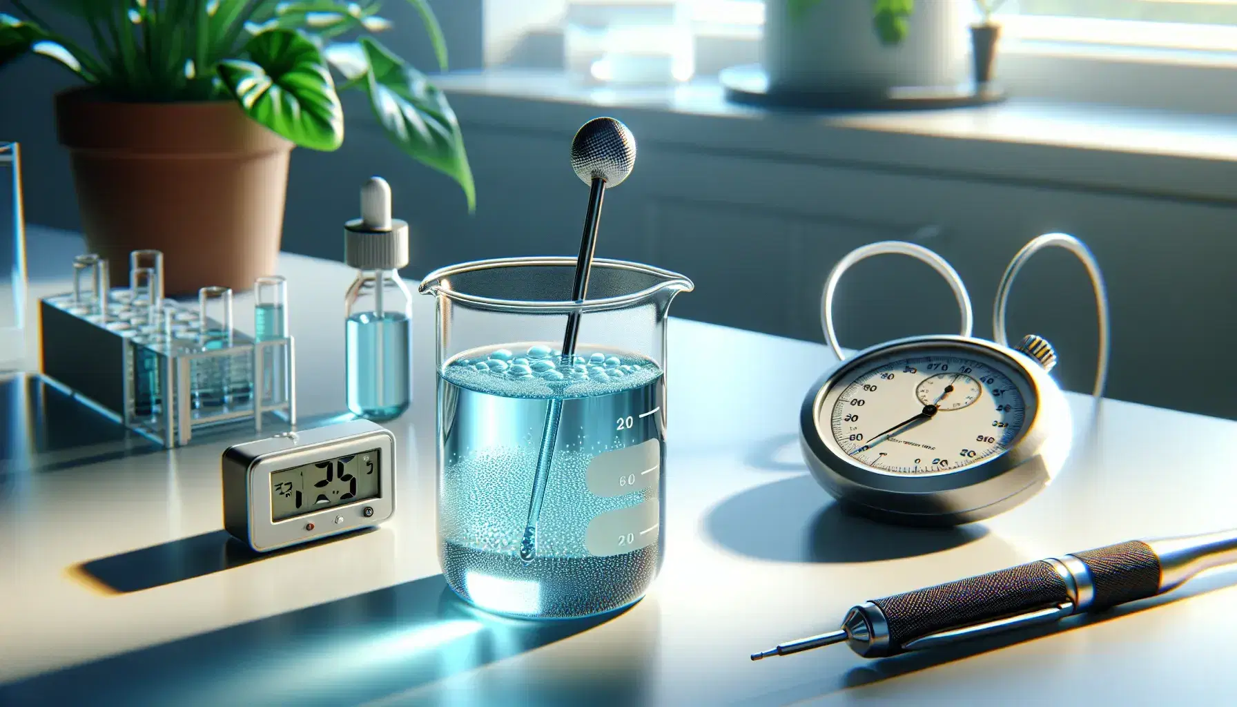 Laboratory scene with a beaker of light blue liquid, a digital thermometer, and a stopwatch, against a backdrop of a potted green plant.