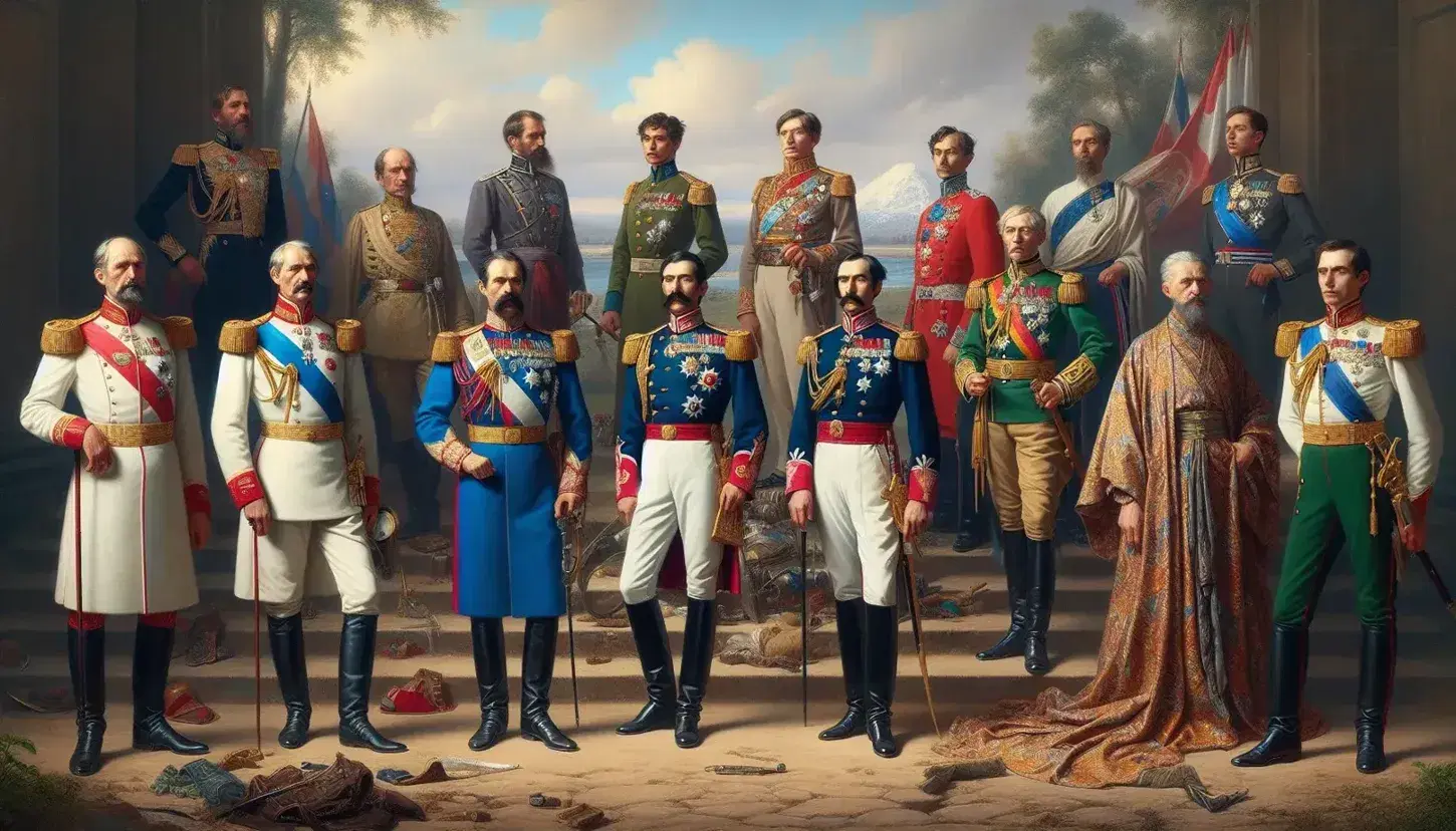 Historical figures in traditional military attire, from 19th-century European leader to 20th-century medal-adorned general and non-western ruler, against a serene backdrop.