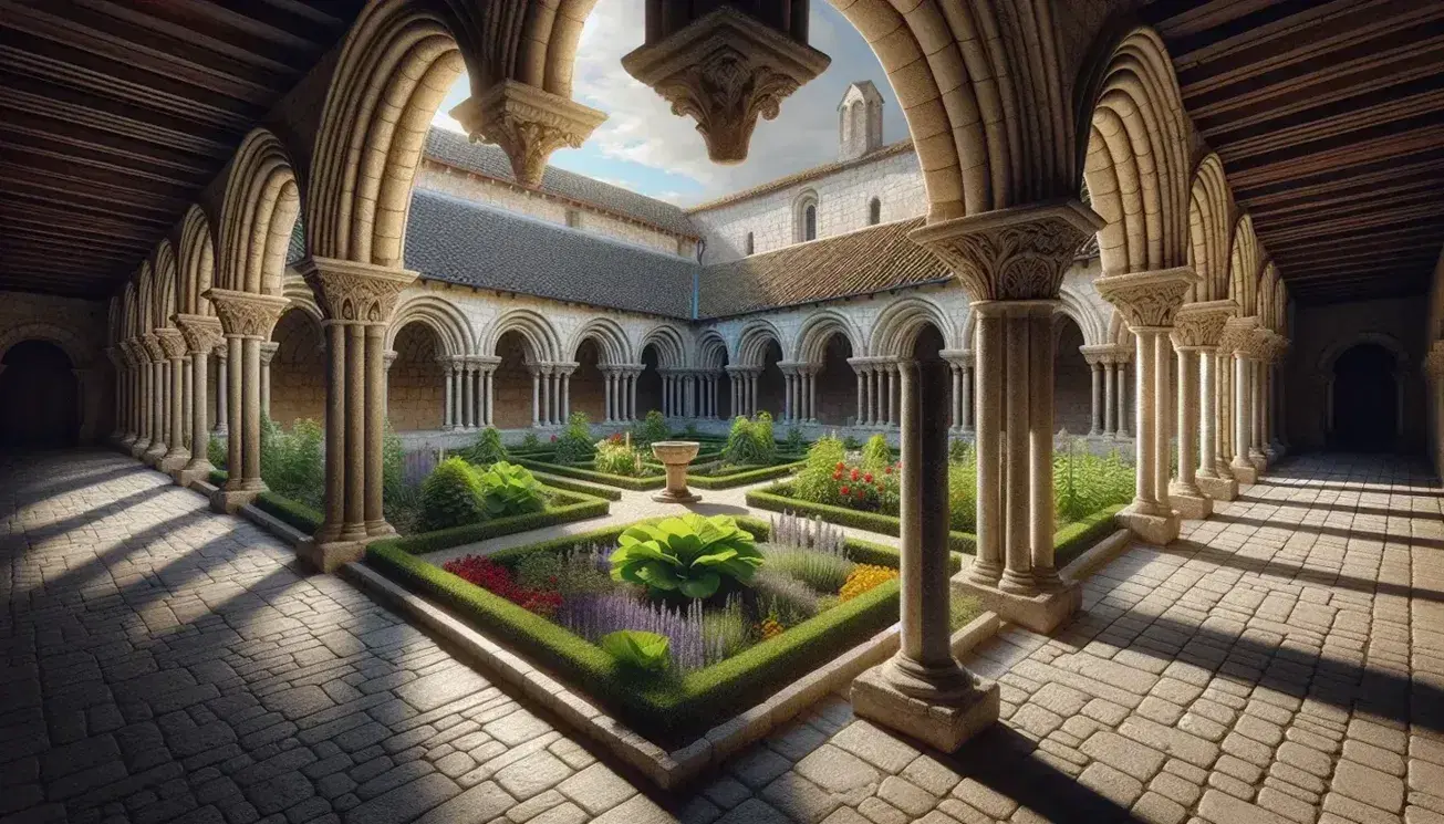 Chiostro medievale con giardino rettangolare, colonne romaniche e porticato con archi tondi, panchine in legno e pavimento acciottolato.