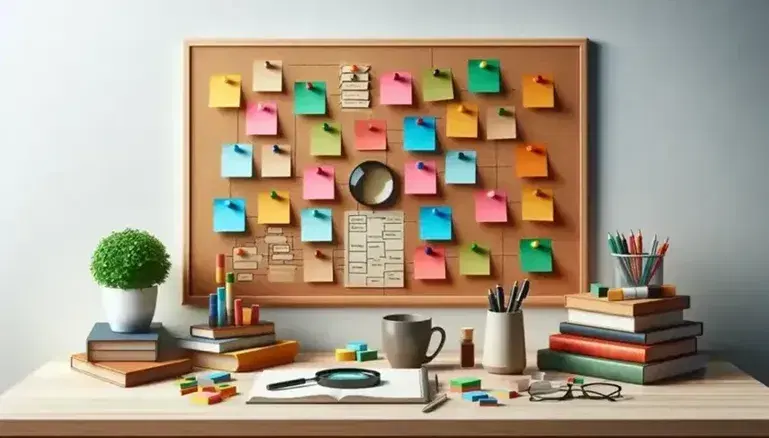 Escritorio de trabajo con corcho lleno de notas adhesivas coloridas, lupa, libros apilados, planta, taza de café y gafas, en ambiente iluminado naturalmente.