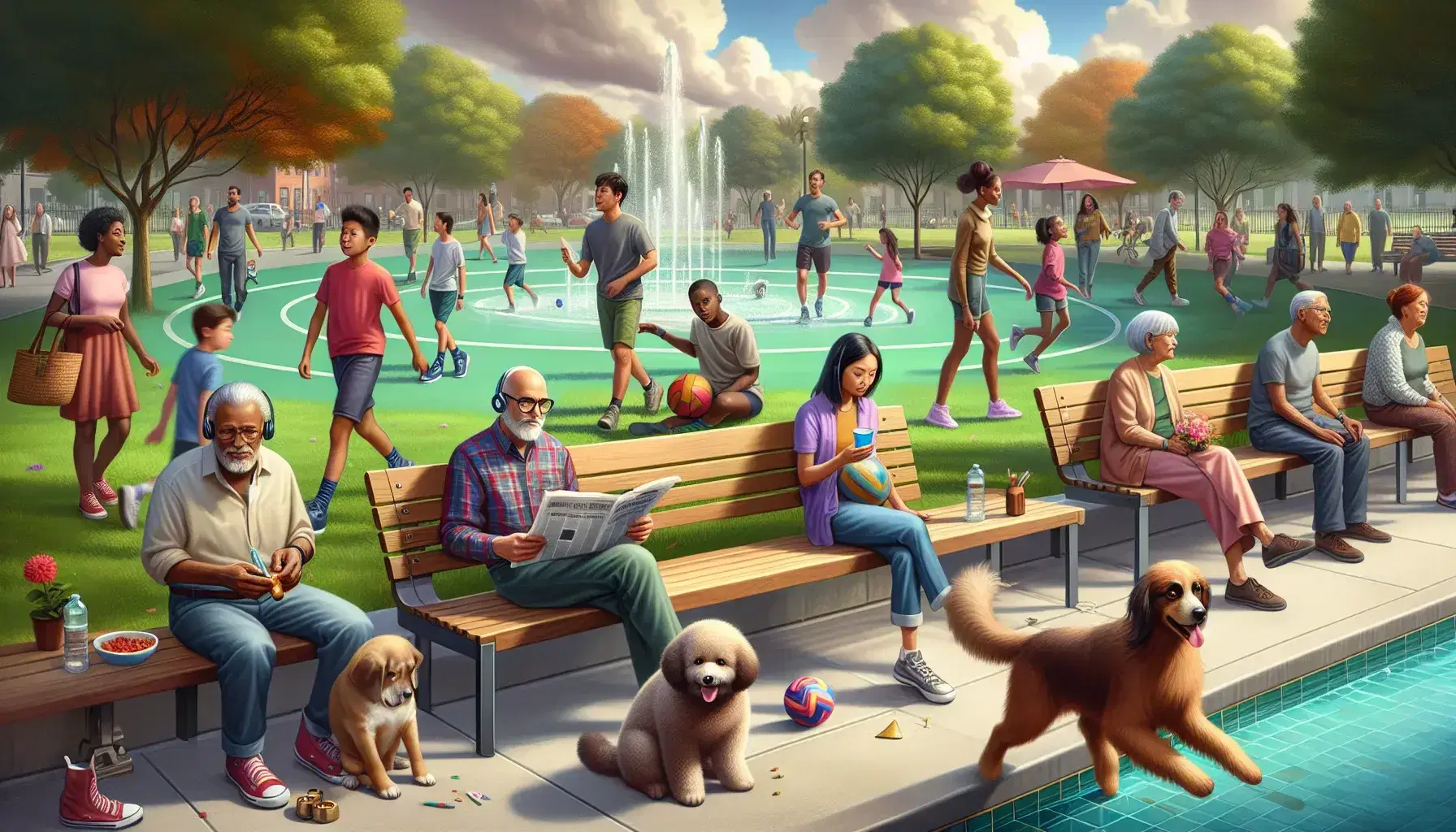 Grupo diverso disfrutando de un parque urbano con hombre leyendo, mujer jugando con perro, niños corriendo, adolescentes en el césped y pareja mayor paseando.