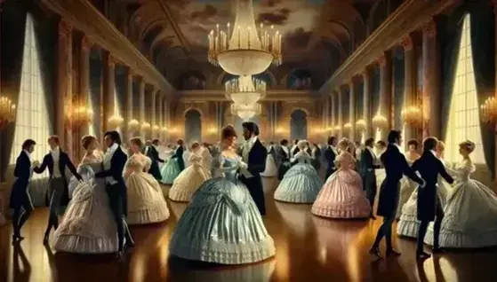 Ballo ottocentesco in sala d'epoca con coppie in abiti storici, soffitto affrescato e lampadari di cristallo.