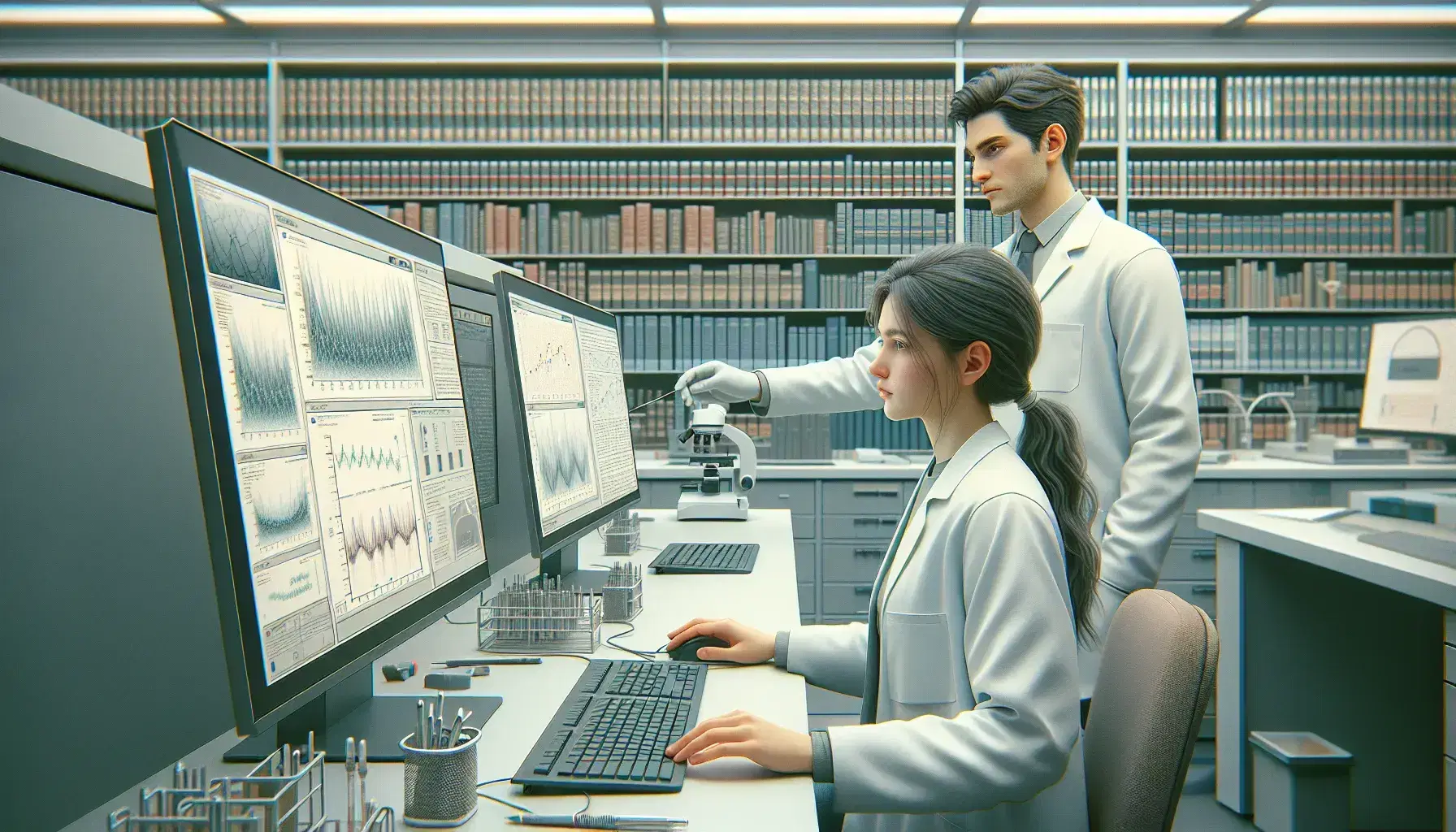 Two researchers analyze data on a computer in a lab, with one pointing at graphs on the screen and the other operating the system, surrounded by bookshelves and a whiteboard with a scatter plot.