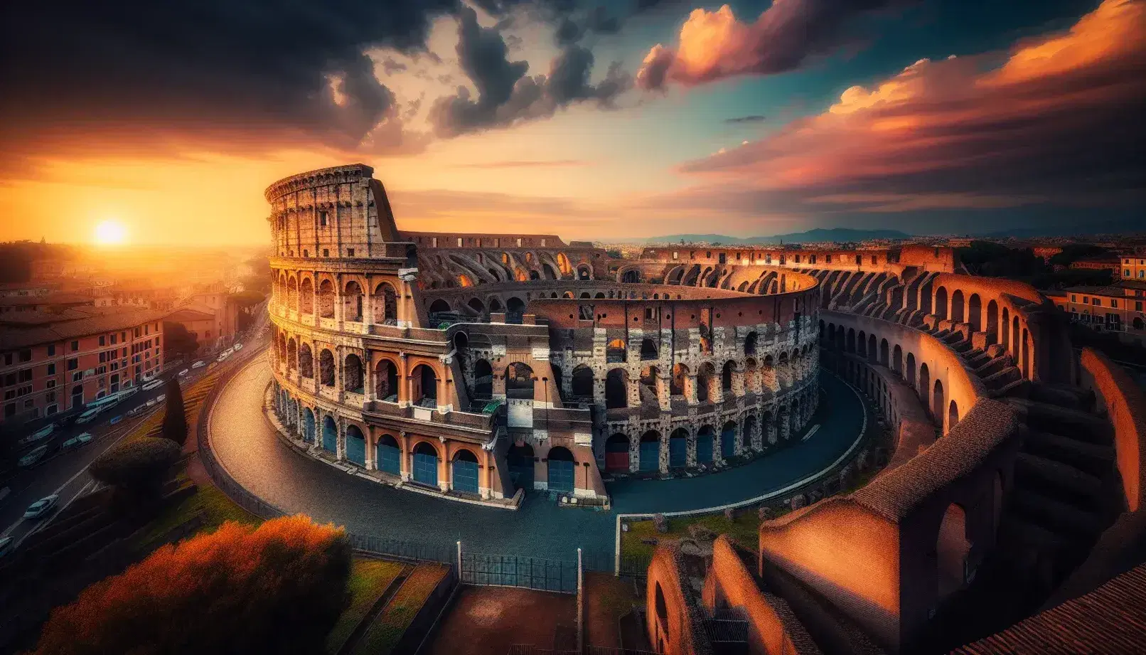 Vista aerea del Colosseo a Roma al tramonto, con luci dorate sulle antiche pietre e cielo sfumato da arancione a blu.