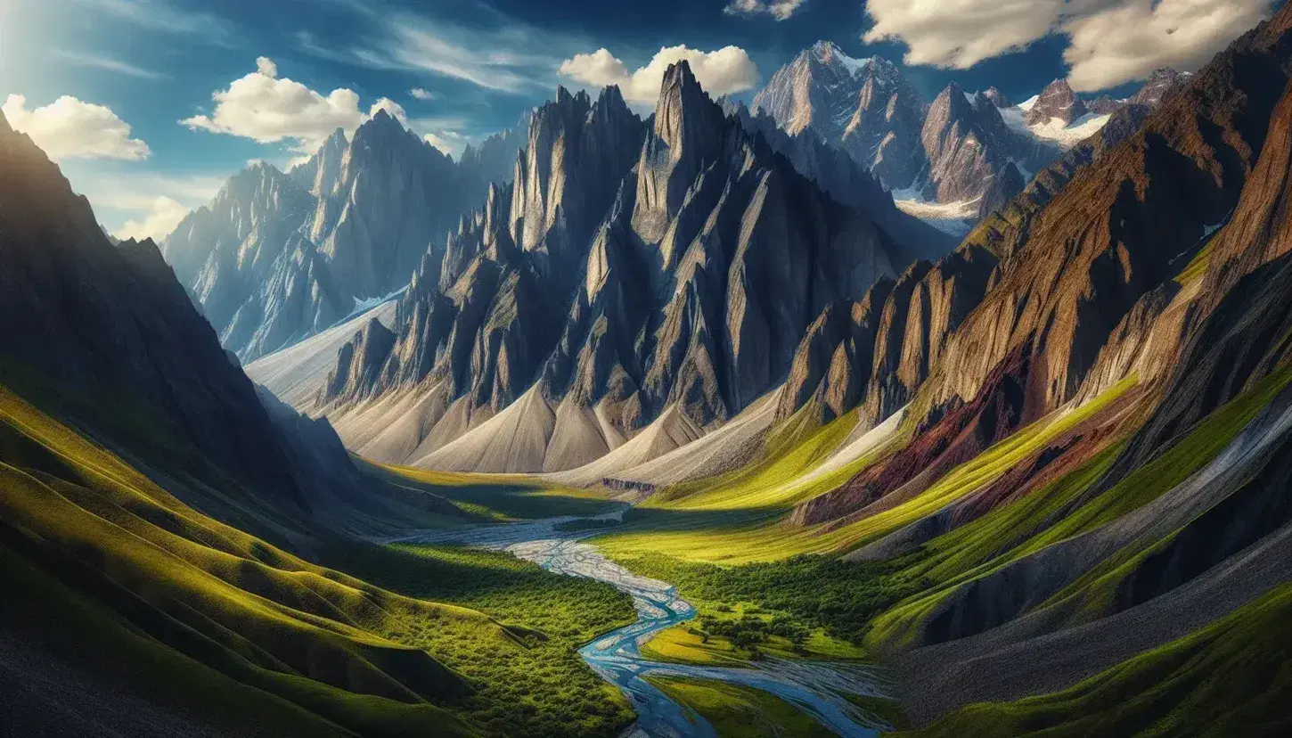 Natural landscape with snow-capped jagged mountains, green valley and meandering river, blue sky with thin clouds, without human presence.