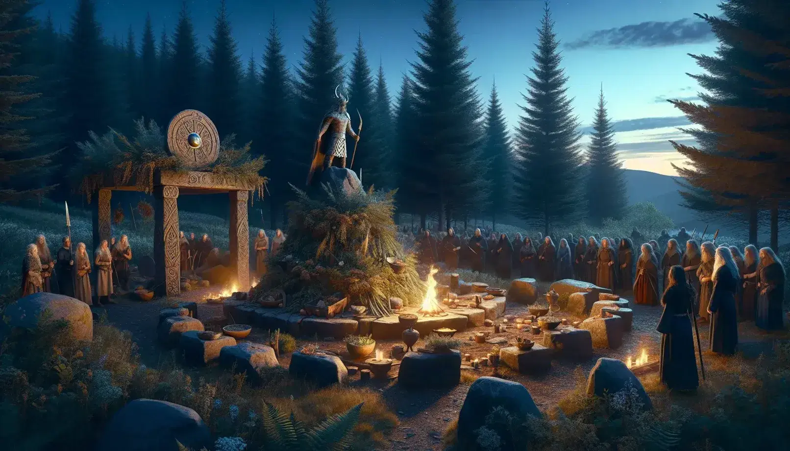 Twilight descends on a serene Norse ritual in a pine forest clearing, with an altar bearing offerings, a deity statue, and a fire pit illuminating reverent figures.