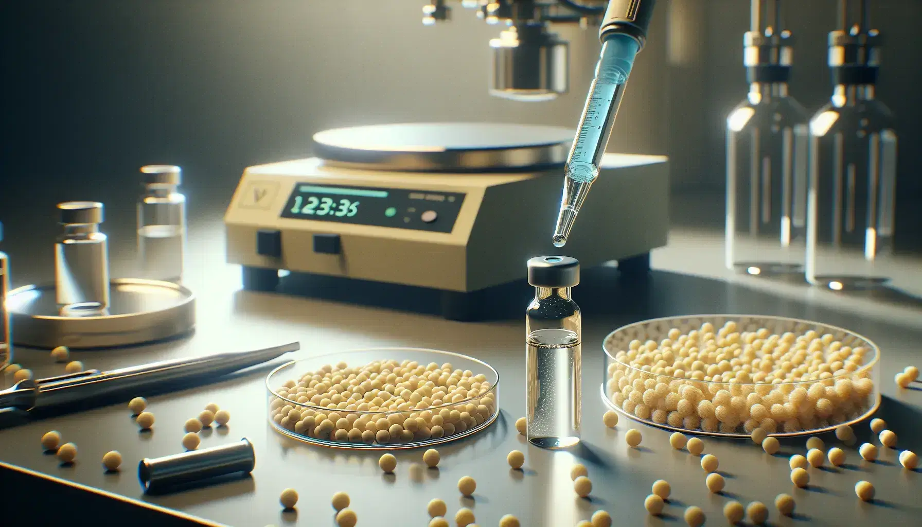 Close-up of a laboratory bench with test tube containing pale yellow liquid, pipette with blue plunger and petri dish with whitish pellets on analytical balance.