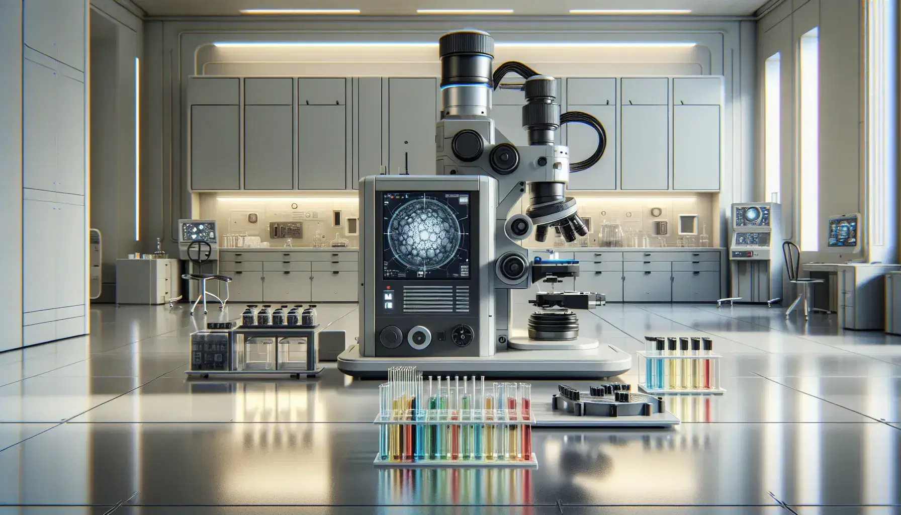 Laboratorio scientifico moderno con microscopio elettronico, provette colorate, braccio robotico e cilindro di piombo, senza etichette visibili.