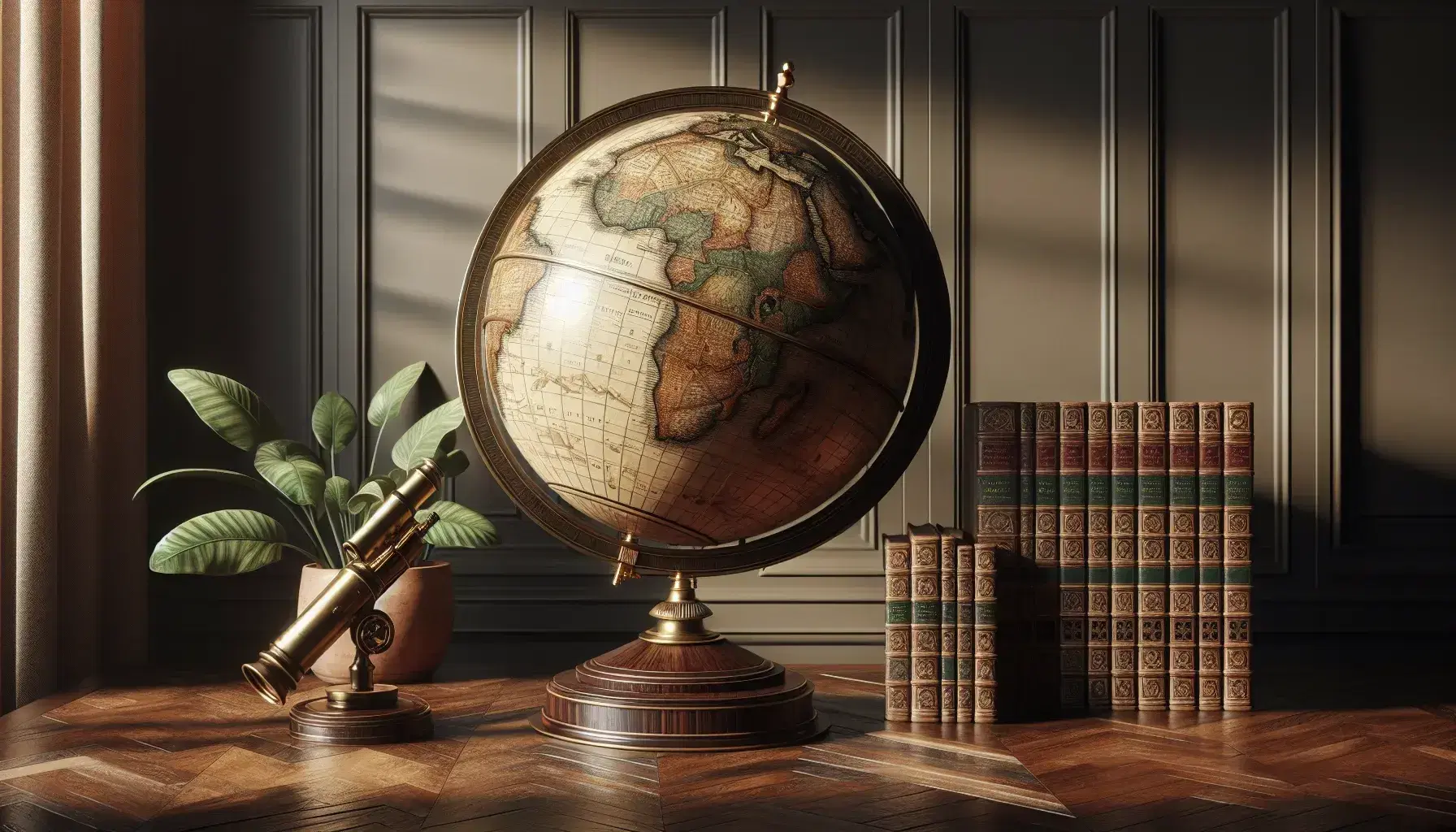 Mappamondo antico su piedistallo in legno scuro con intarsi, affiancato da telescopio in ottone e pianta verde, in biblioteca vintage.