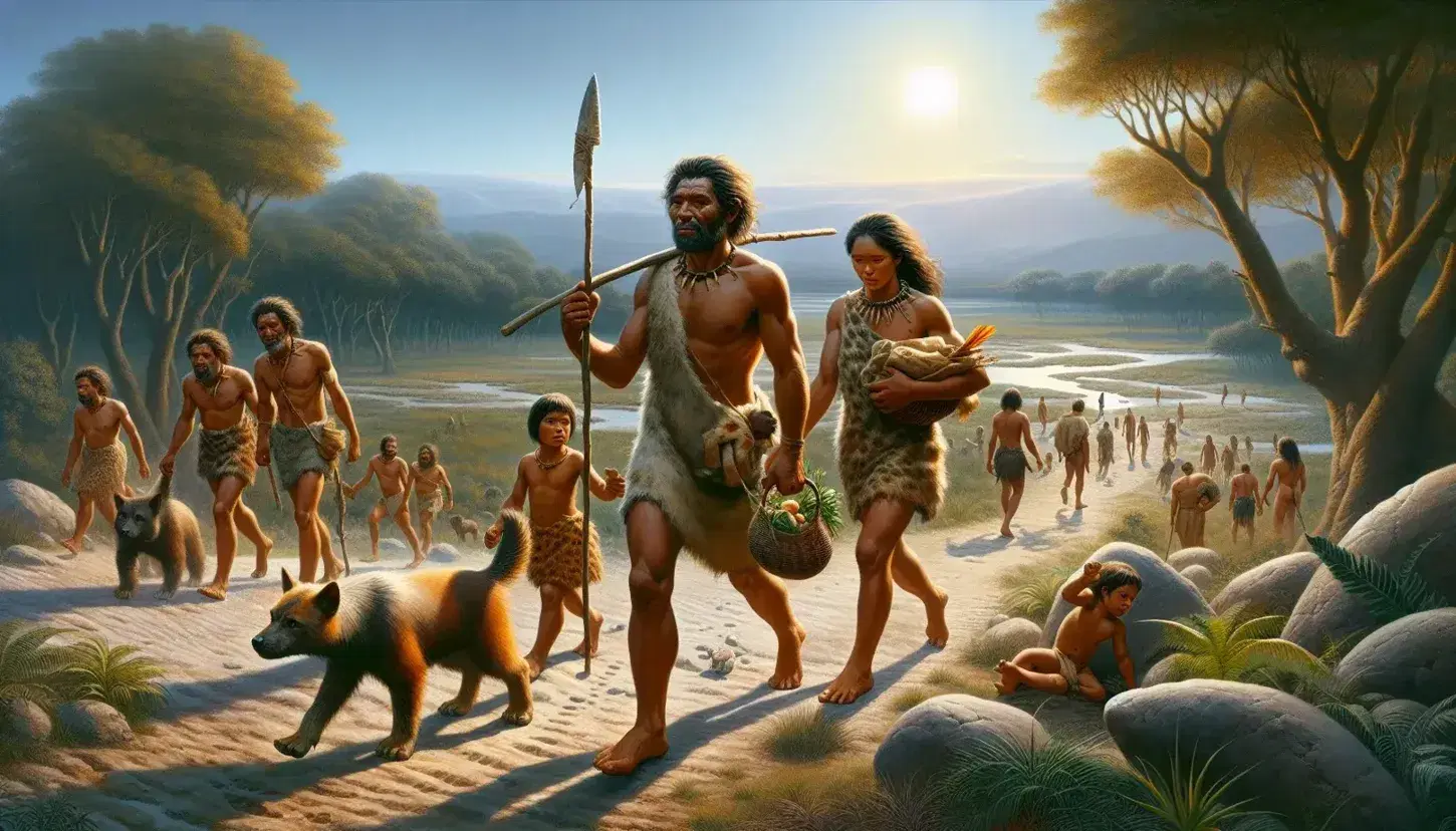 Group of Homo sapiens migrating at dawn, with a man armed with a spear, a woman with a basket and a child, in a landscape of forest and prairie.
