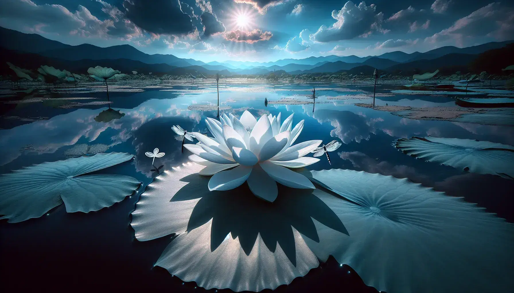 Fiore di loto bianco in piena fioritura al centro di uno stagno tranquillo con foglie verdi, riflessi azzurri del cielo e una libellula sul bordo.