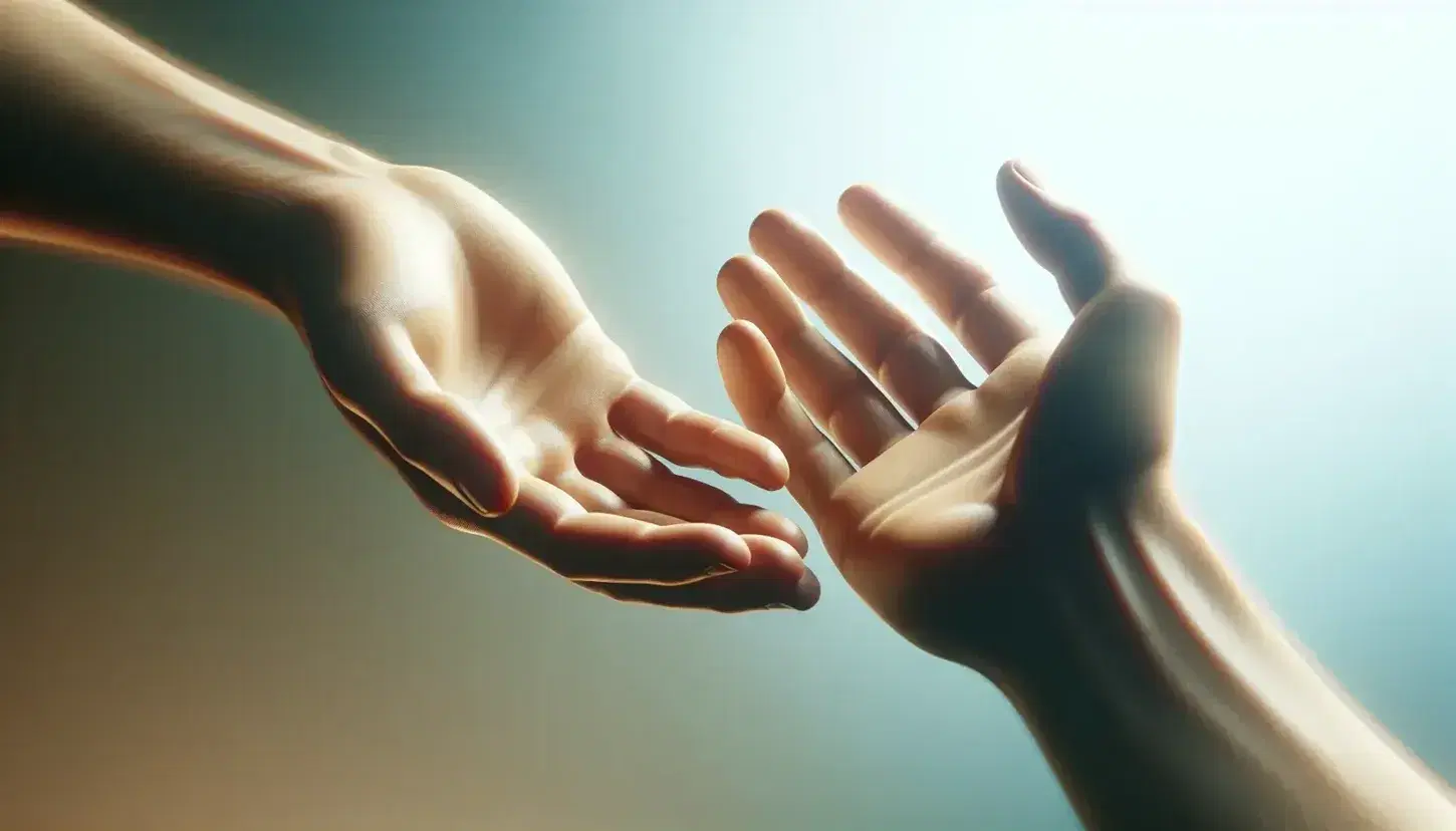 Dos manos humanas en gesto de apoyo, una con la palma hacia arriba y otra encima sin tocarse, sobre fondo desenfocado azul-verde.