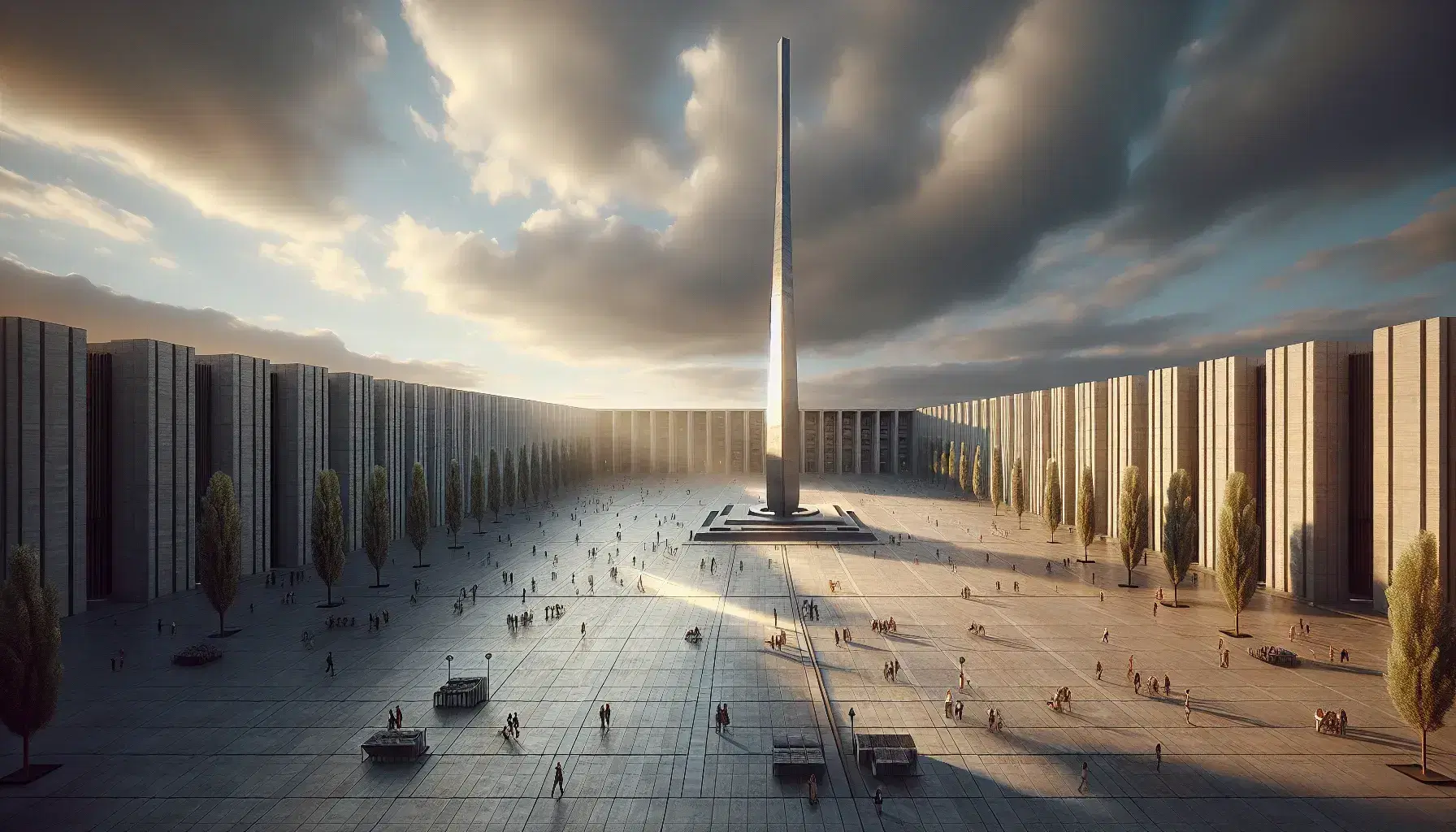 Plaza urbana con estructura metálica central, personas dispersas, bancos y árboles bajo cielo parcialmente nublado con luz del atardecer.