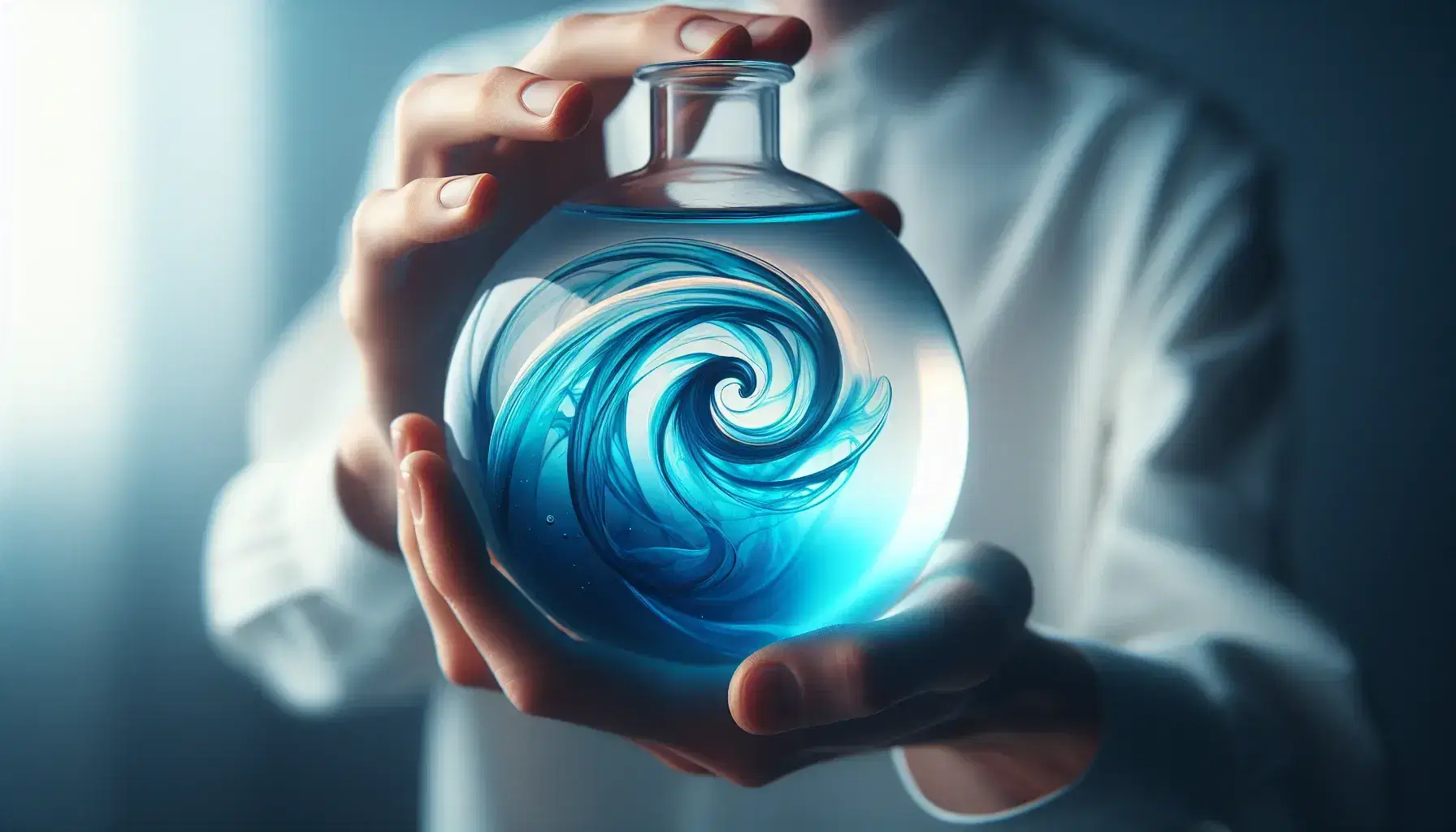 Hand holding a spherical glass flask with a gradient blue liquid swirling inside, reflecting a soft light against a blurred white and gray background.