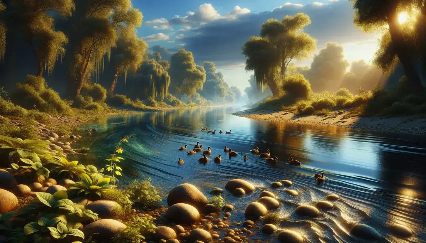Fiume serpeggiante con acque azzurro-verdi, rive verdi lussureggianti, ciottoli levigati, pesci e anatre vicino alla riva sotto un cielo azzurro.
