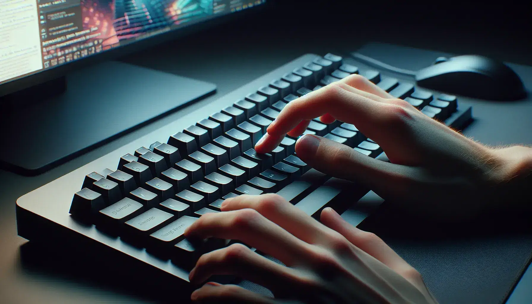 Hands on black modern keyboard without characters, fingers on function keys and blurred monitor background with colorful pixels.