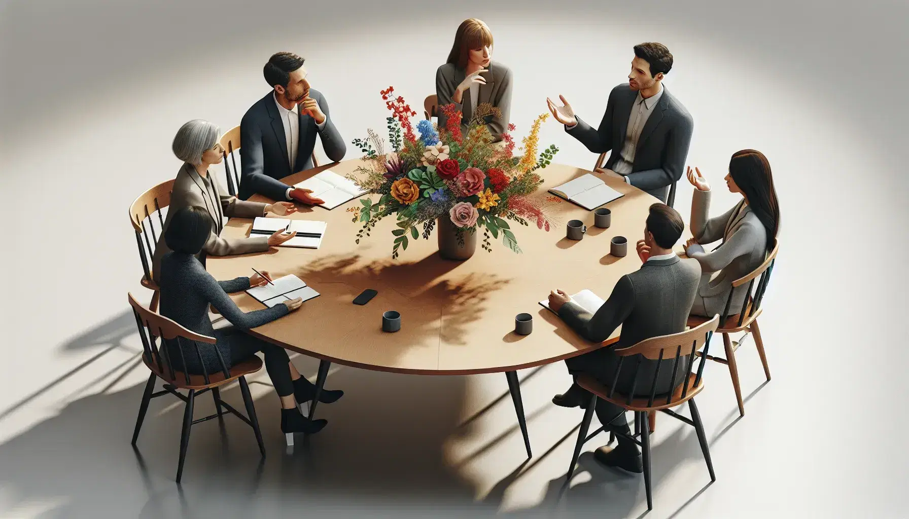 Grupo de cinco profesionales en reunión alrededor de una mesa redonda de madera, discutiendo activamente sin dispositivos electrónicos y con arreglo floral central.