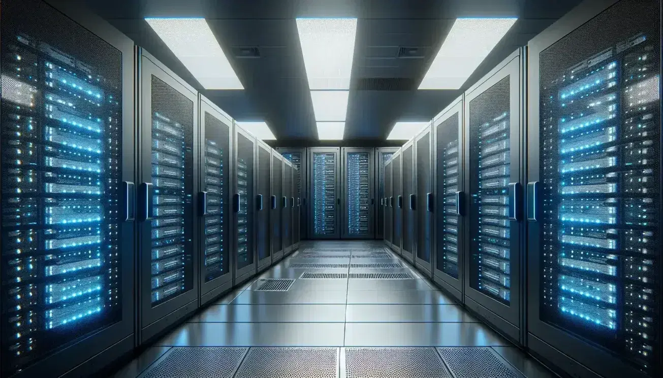Modern server room with black racks and blue LED lights, perforated panels for cooling on the floor and organized cable bundles on the ceiling.