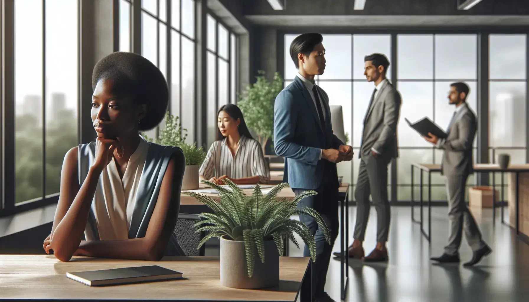 Multicultural professionals in a tranquil, modern office with natural light, including a seated Black woman, standing East Asian man, and chatting Hispanic and Middle-Eastern colleagues.