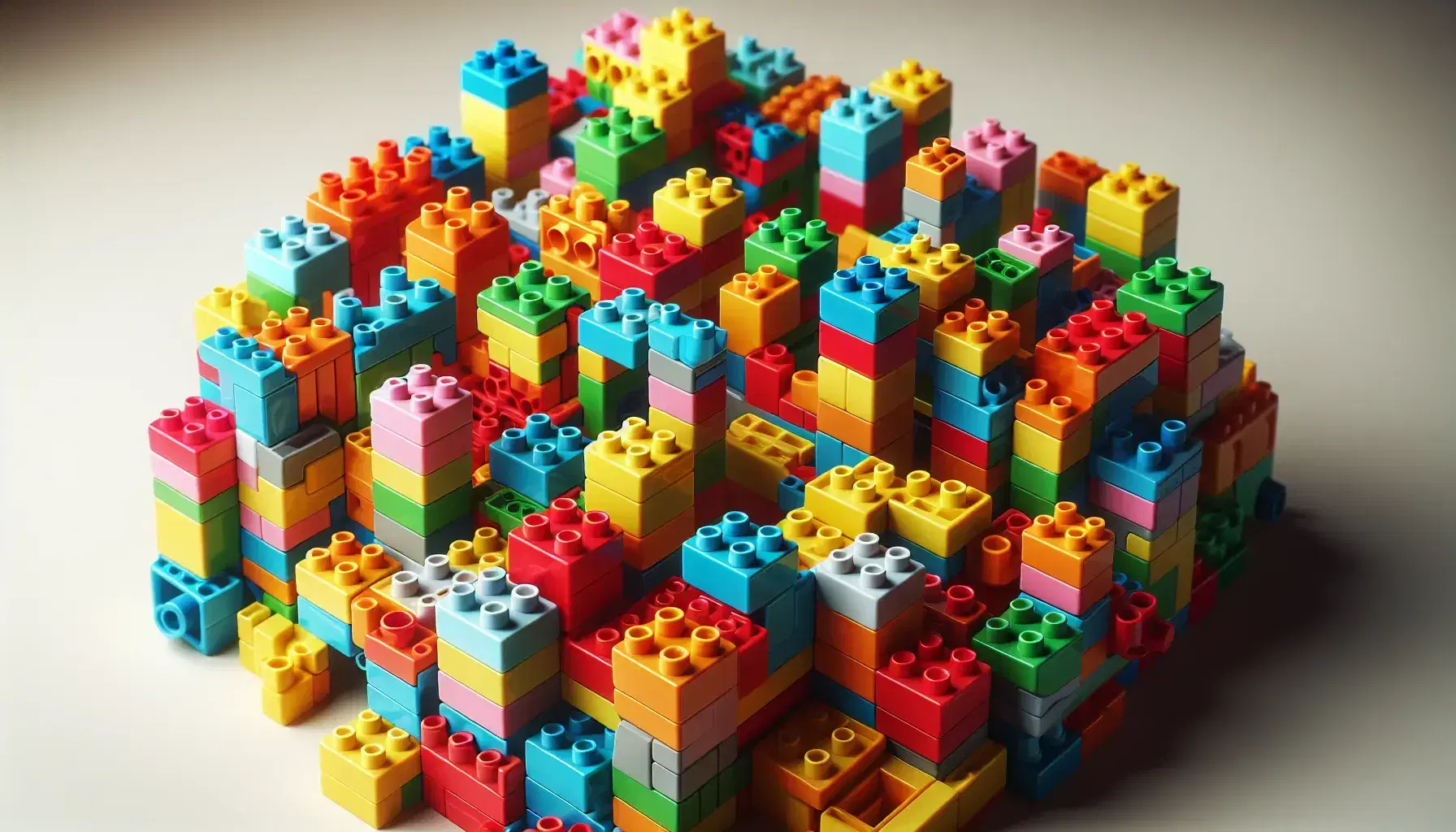 Bloques de construcción de plástico coloridos entrelazados formando una estructura tridimensional con variedad de formas y colores vivos, en un fondo neutro.