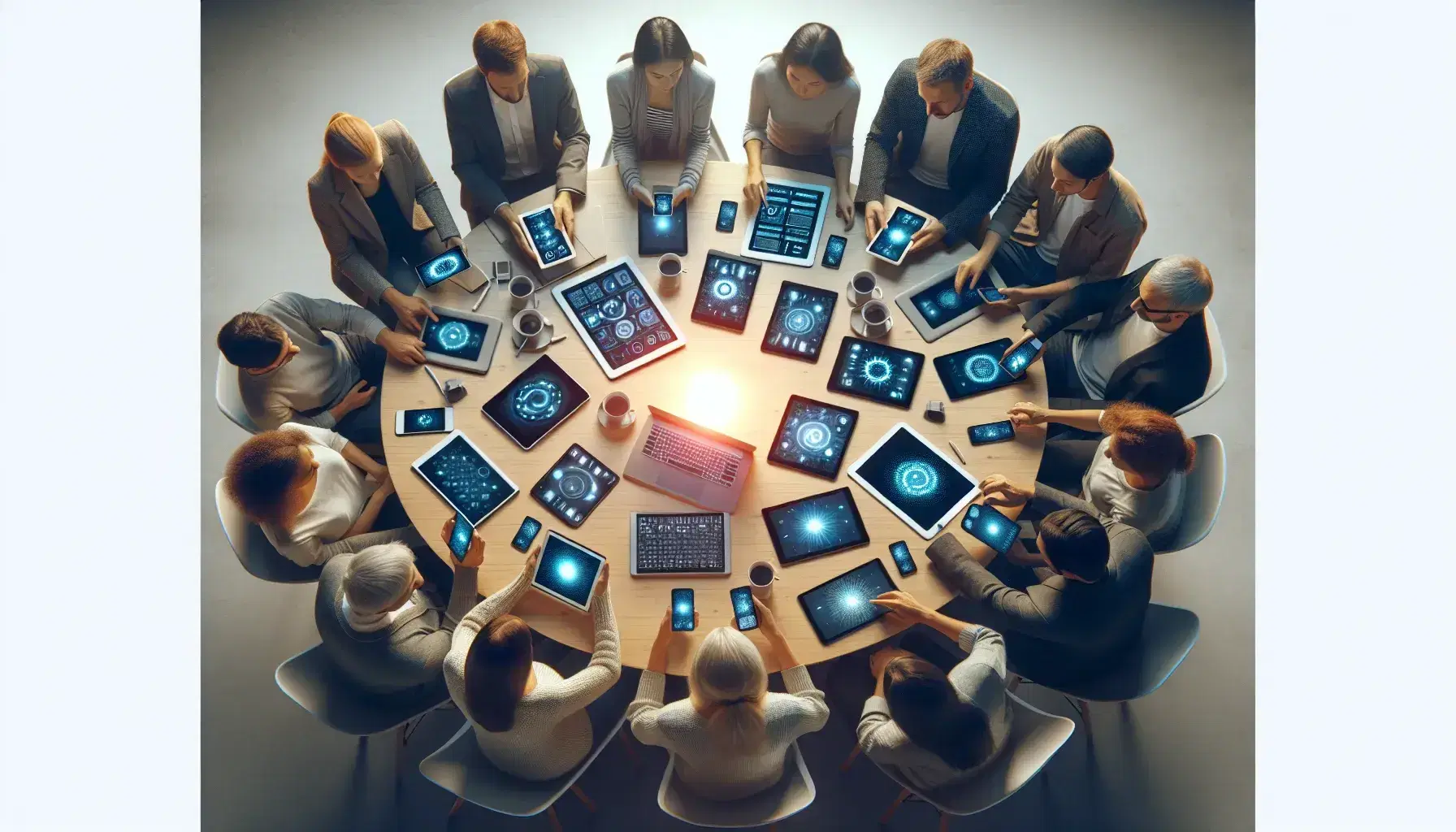Grupo diverso de personas interactuando con dispositivos electrónicos en una mesa redonda bajo iluminación cálida, sin textos visibles en pantallas.