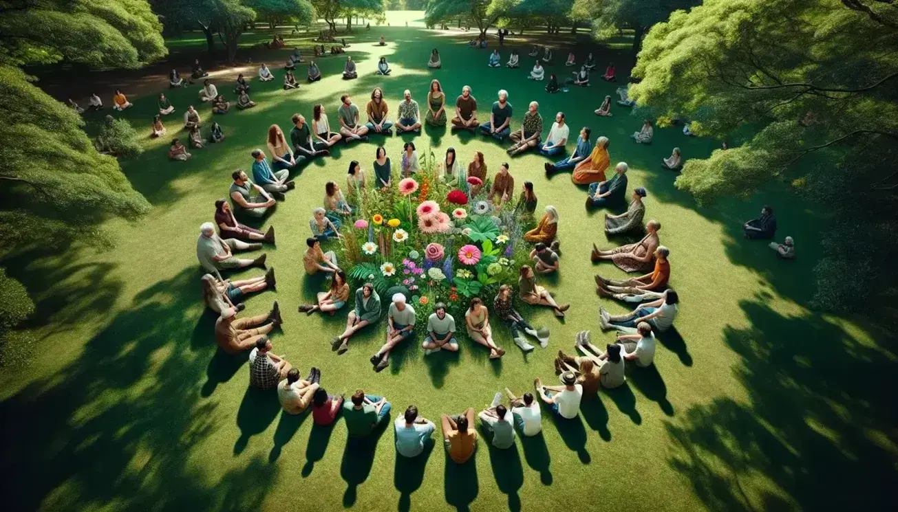 Grupo diverso de personas sentadas en círculo en un parque, rodeadas de plantas y flores coloridas, bajo la luz del sol que se filtra a través de los árboles.
