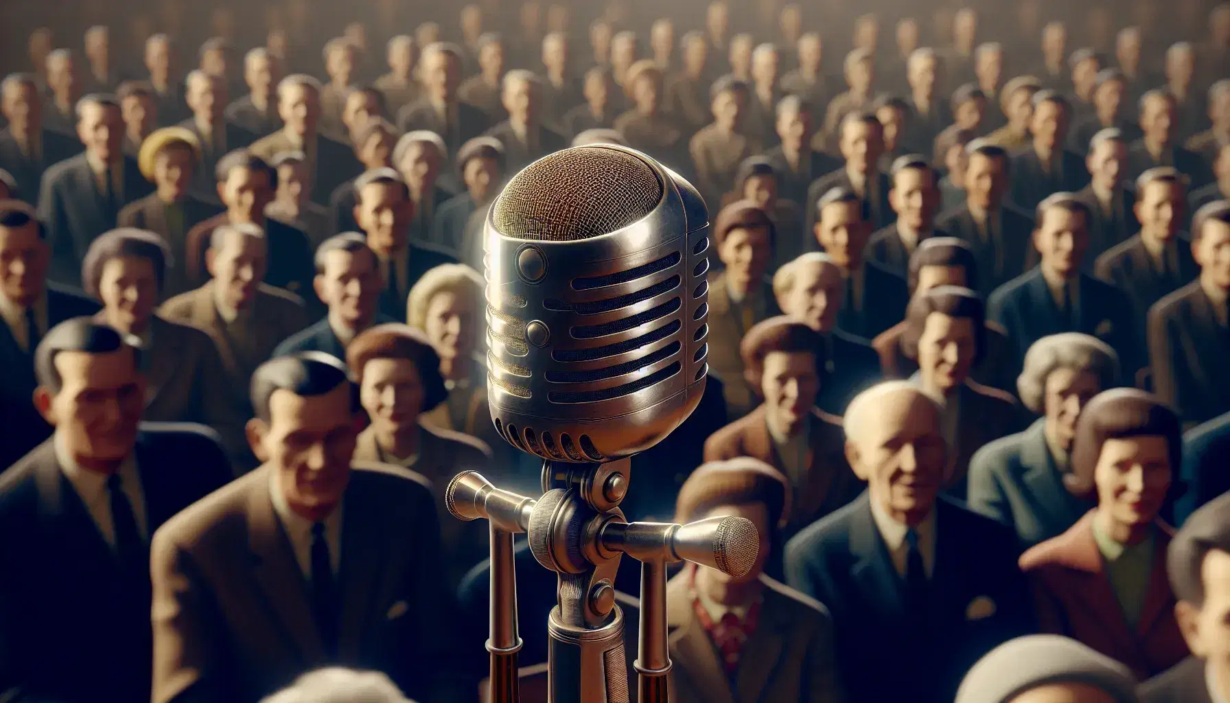 Vintage 1960s microphone on stand with engaged diverse audience in background, reflecting a scene of public speaking or performance.