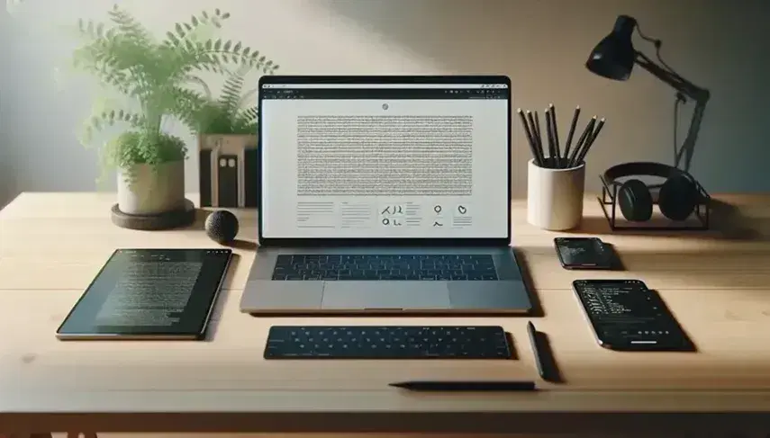 Escritorio de madera con laptop abierta de pantalla en blanco, tablet con stylus, smartphone en soporte y auriculares, junto a planta verde en maceta blanca.