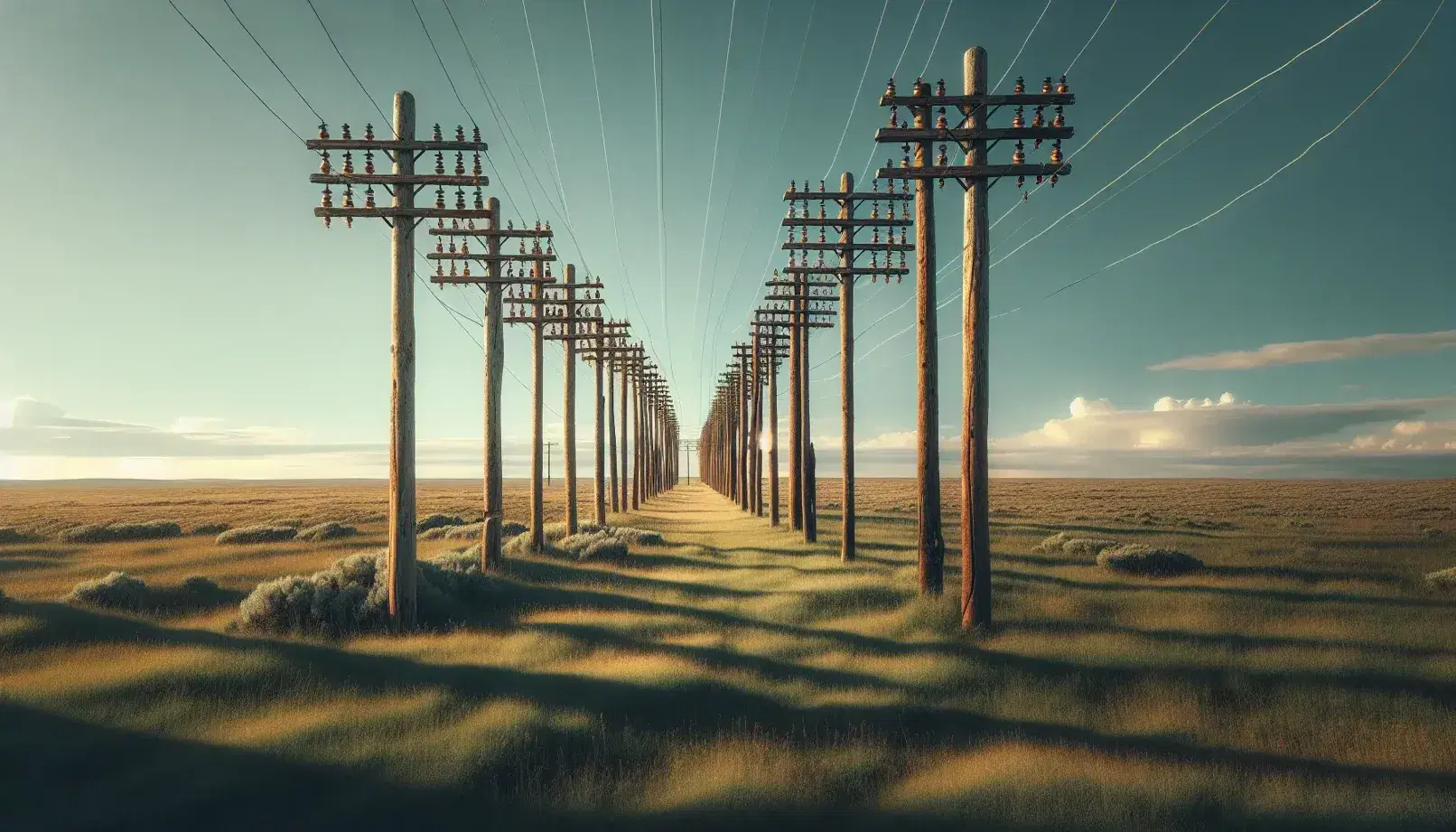Postes de teléfono de madera antiguos alineados en una llanura con hierba baja, cables colgando y cielo azul con nubes esparcidas, reflejando la historia de la comunicación.
