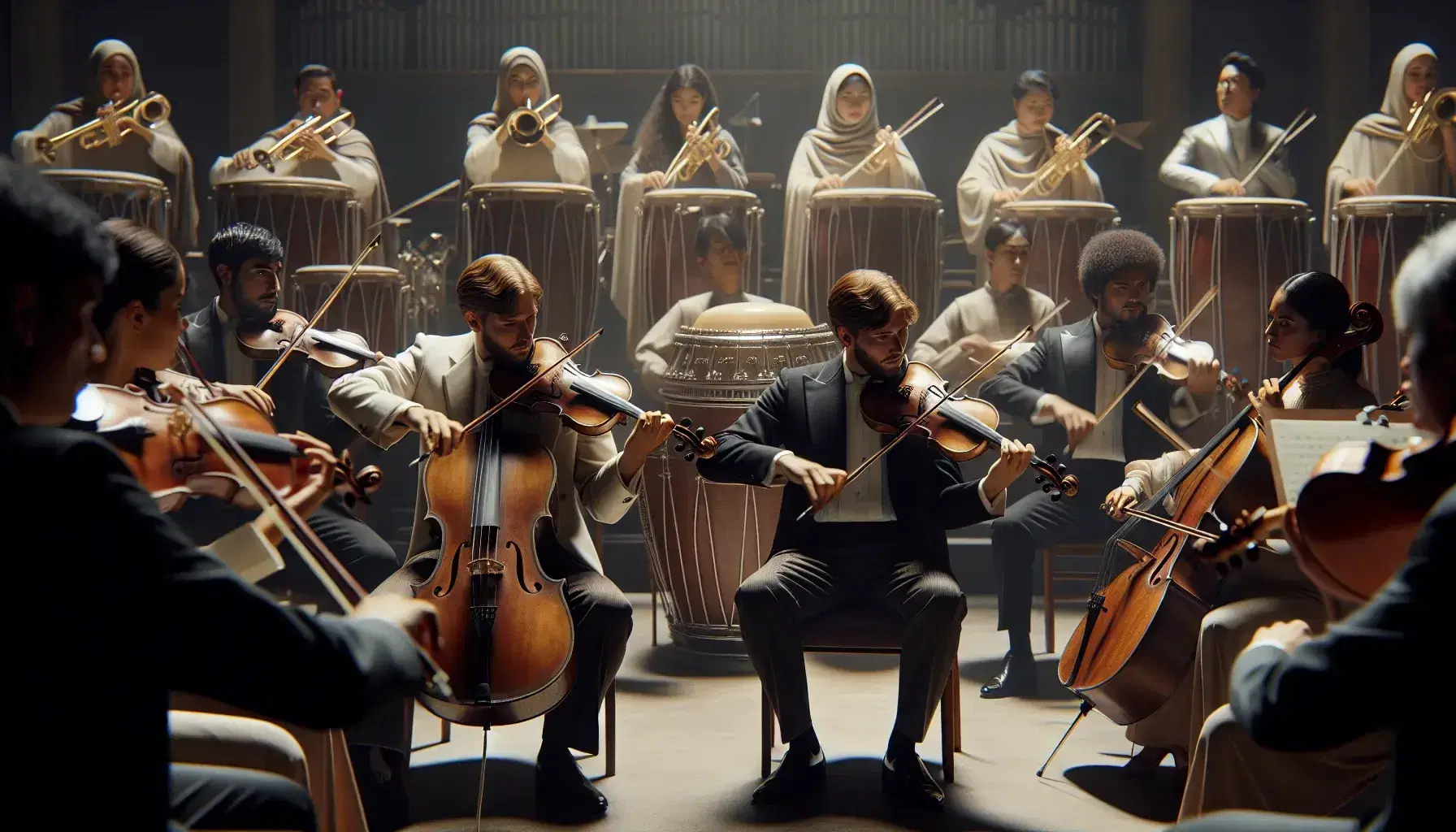 Músicos de orquesta sinfónica en plena actuación con violinista, chelista, trompetista y percusionista iluminados en escenario oscuro.