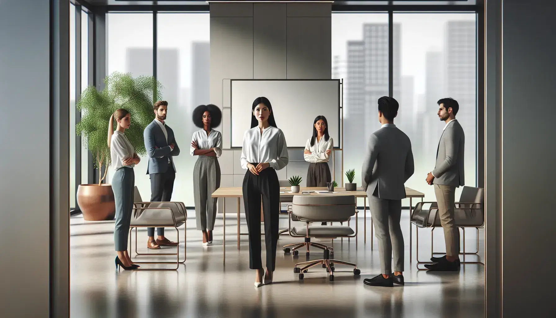 Grupo diverso de profesionales en reunión de oficina con mujer liderando la conversación, mobiliario moderno y luz natural.