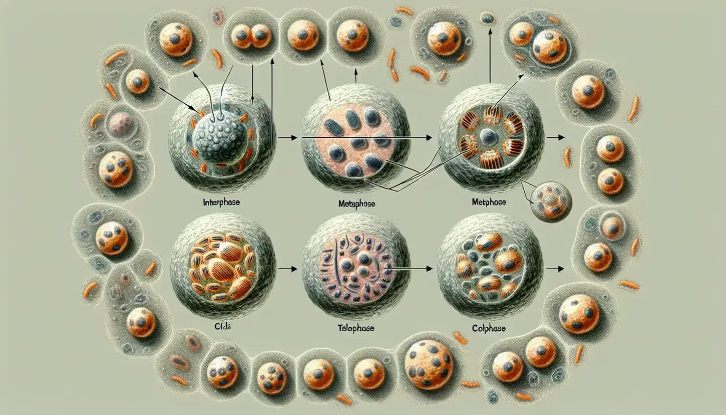Célula central mostrando fases de mitosis: núcleo en interfase, cromosomas en metafase, separación en anafase y formación de dos núcleos en telofase, rodeada de células en distintos ciclos.
