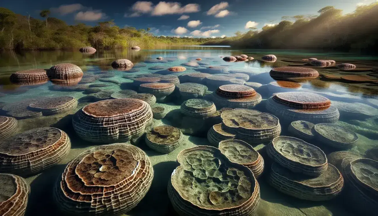 Estromatolitos estratificados emergen de un lago poco profundo bajo un cielo azul con nubes dispersas, rodeados de vegetación en un paisaje natural iluminado por el sol.