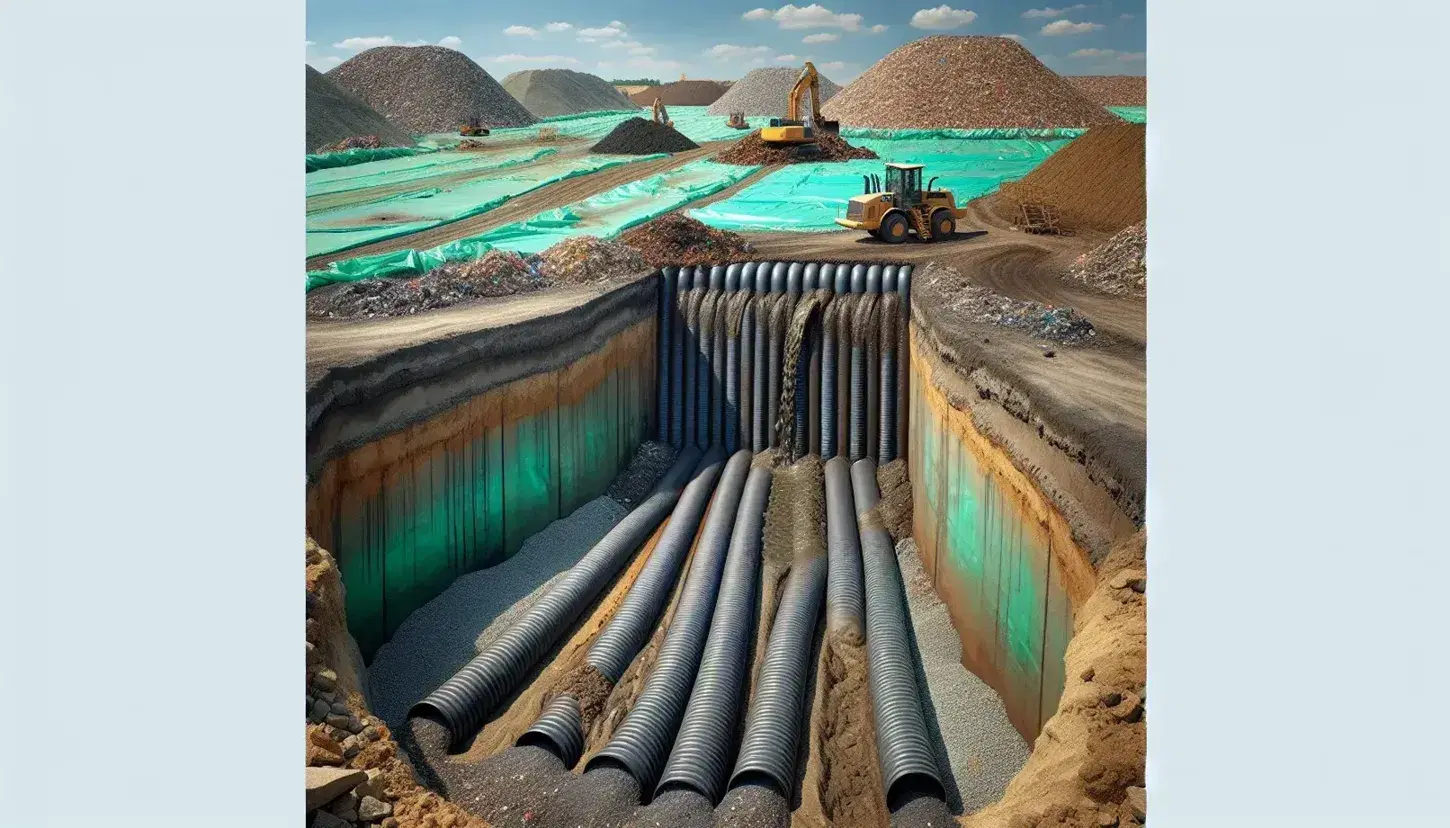 Landfill with visible leachate collection system, perforated gray pipes surrounded by gravel, central accumulation with green geomembrane, yellow bulldozer and blue sky.