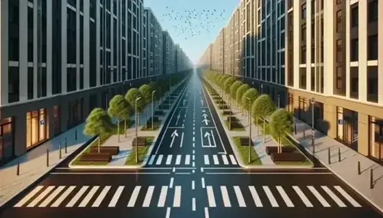 Scena urbana con strade incrociate, marciapiedi grigi, edifici riflettenti, alberi paralleli e panchine su erba verde sotto cielo azzurro.