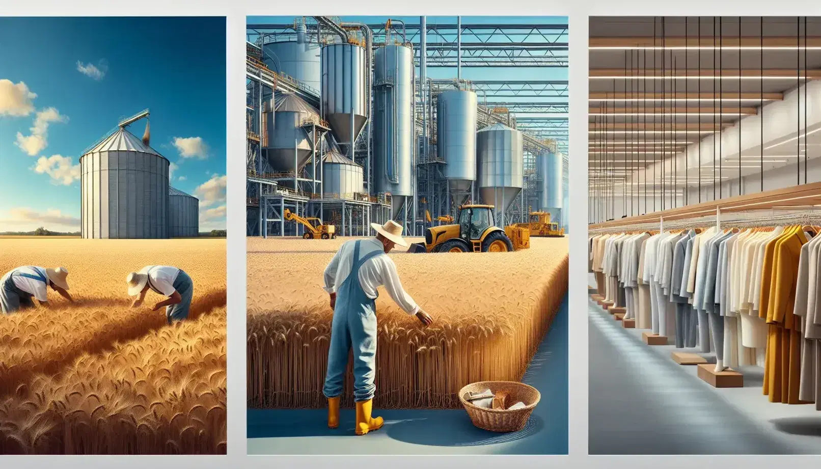 Campo di grano con agricoltore, zona industriale con macchinari e negozio di moda moderno, rappresentazione economia italiana.