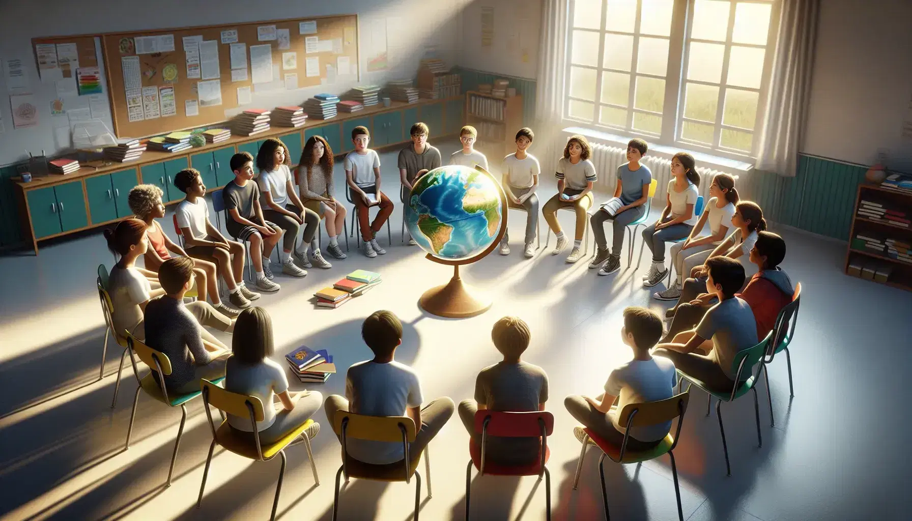 Studenti di diverse età e culture seduti in cerchio su sedie colorate in aula luminosa, con un ragazzo che indica il globo al centro.