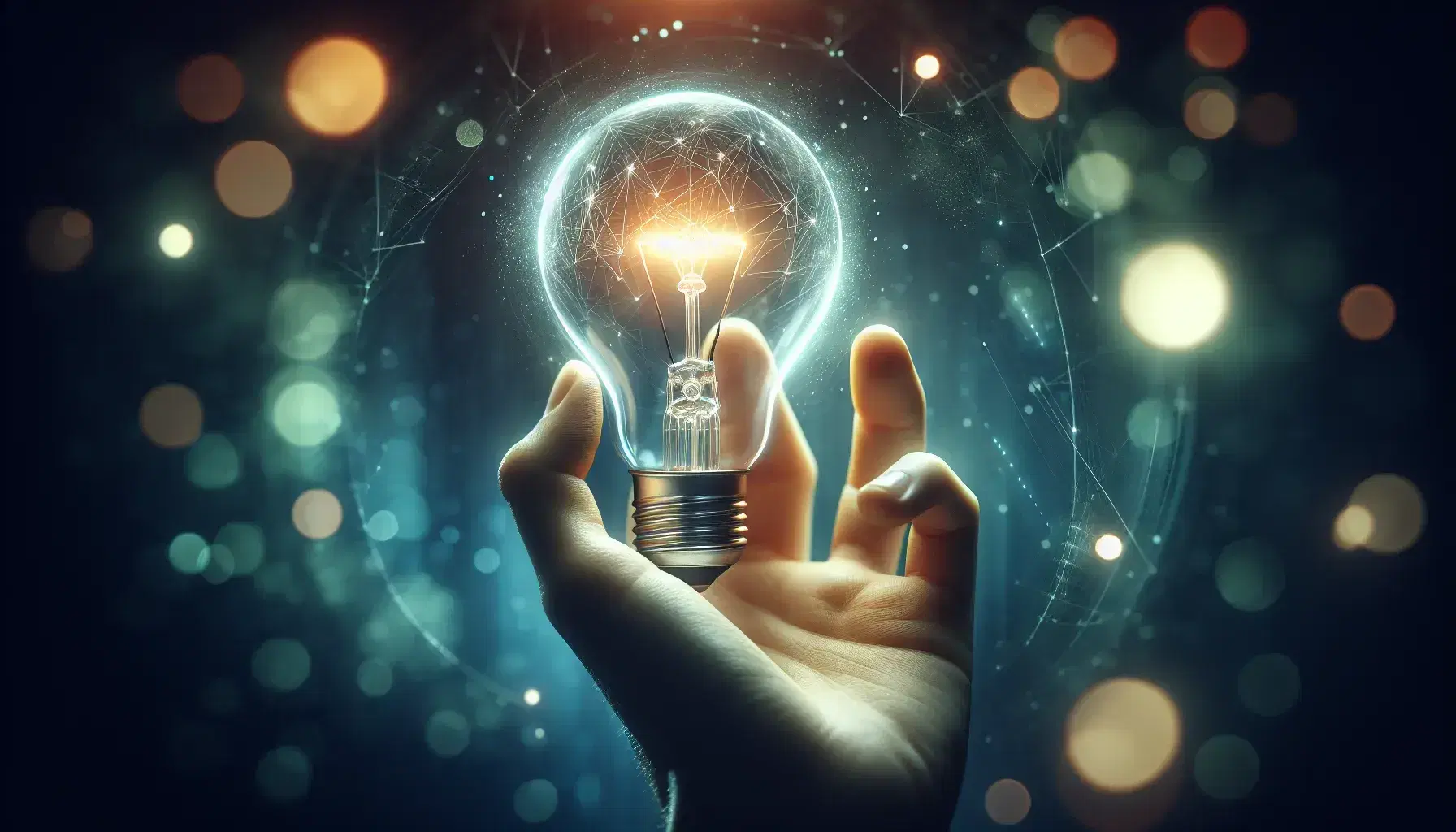Mano sosteniendo bombilla encendida transparente con fondo desenfocado en tonos azules y verdes, destacando la iluminación cálida y el concepto de energía.