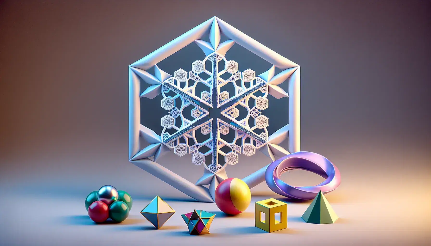 Symmetrical snowflake centerpiece with surrounding red ball, green triangle, yellow square, purple Möbius strip, and assorted 3D polyhedra on a gray background.