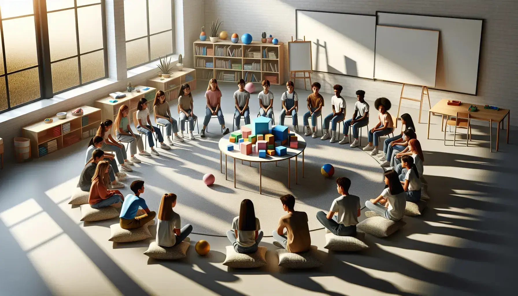 Estudiantes diversos colaborando en clase con bloques de construcción y figuras geométricas sobre una mesa, en un aula iluminada con luz natural.