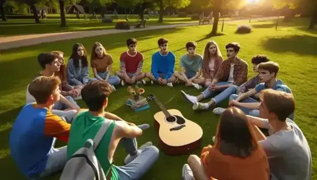 Grupo de adolescentes sentados en círculo en un parque sobre césped verde con una guitarra acústica en el centro, rodeados de árboles y bajo un cielo despejado.